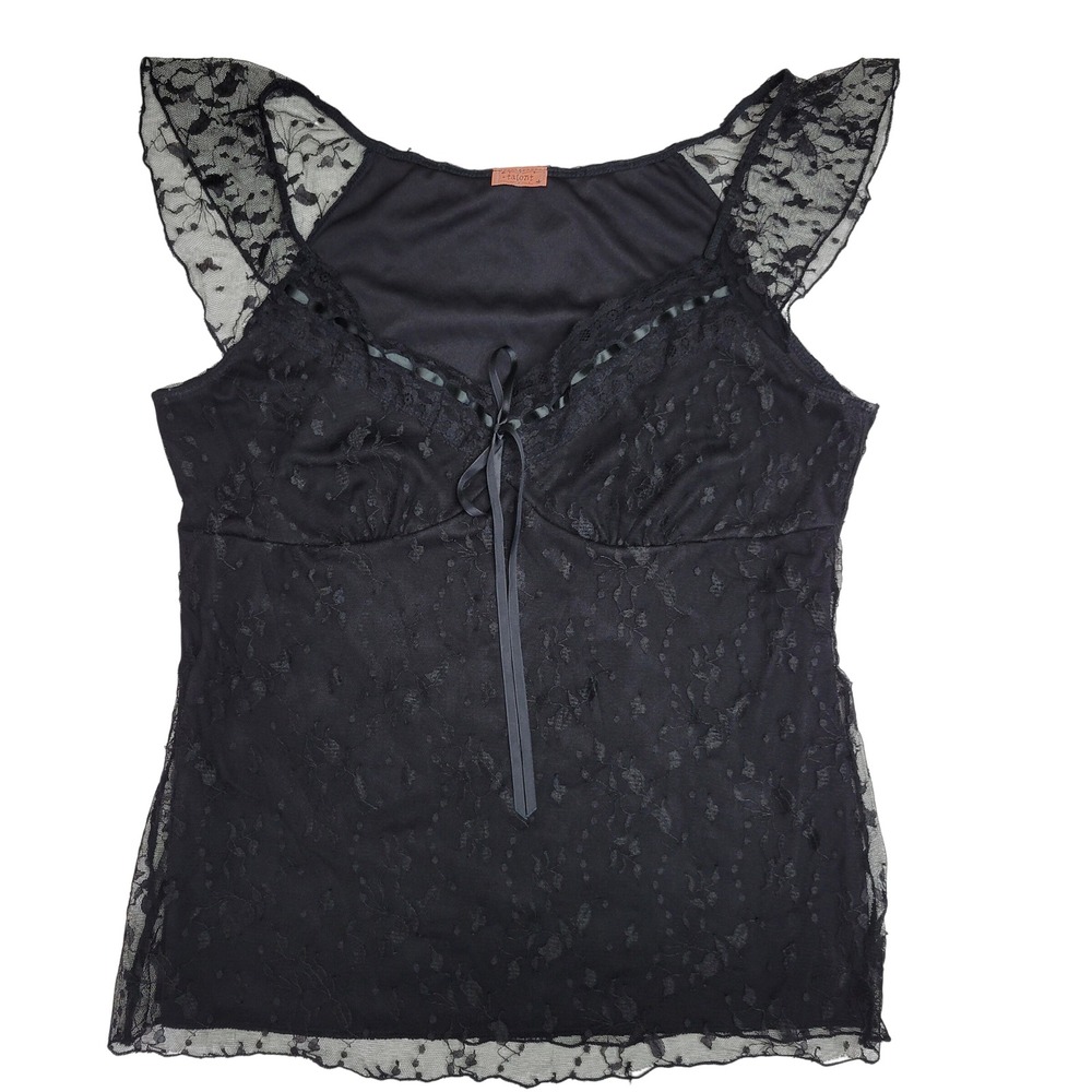 Talent Black Floral Lace Flutter Sleeve V-Neck Ribbon Tie Top Fairycore Goth L